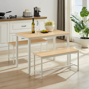 English Elm Dining Table Set with Stowable Benches, Industrial Chipboard & Steel Counter Height, Waterproof Durable Finish White+Natural W1668P186640