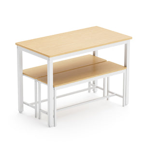 English Elm Dining Table Set with Stowable Benches, Industrial Chipboard & Steel Counter Height, Waterproof Durable Finish White+Natural W1668P186640