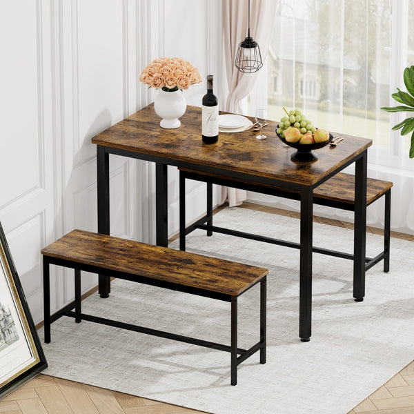 English Elm Dining Bar Table Set with 2 Benches, Rustic Brown & Black Industrial Kitchen Counter, Stable Adjustable Feet, Waterproof Surface, 43.3"L x 23.6"W x 29.9"H W1668P143137