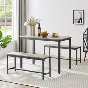 English Elm Dining Table Set Industrial 3-Piece with Stowable Benches, Waterproof Grey Chipboard Top, 43.3" x 23.6" W1668103941