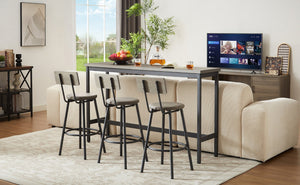 English Elm Long Narrow Industrial Bar Table Set with Three Pu Stools Rustic Gray Steel Frame W1668P147058