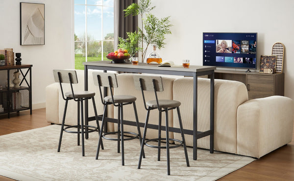 English Elm Long Narrow Industrial Bar Table Set with Three Pu Stools Rustic Gray Steel Frame W1668P147058
