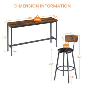 English Elm Long Narrow Industrial Bar Table Set with Three Pu Stools Rustic Gray Steel Frame W1668P147059
