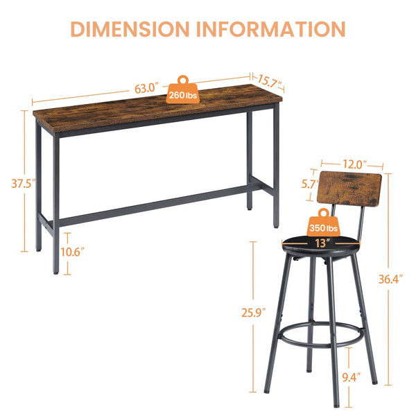 English Elm Long Narrow Industrial Bar Table Set with Three Pu Stools Rustic Gray Steel Frame W1668P147059