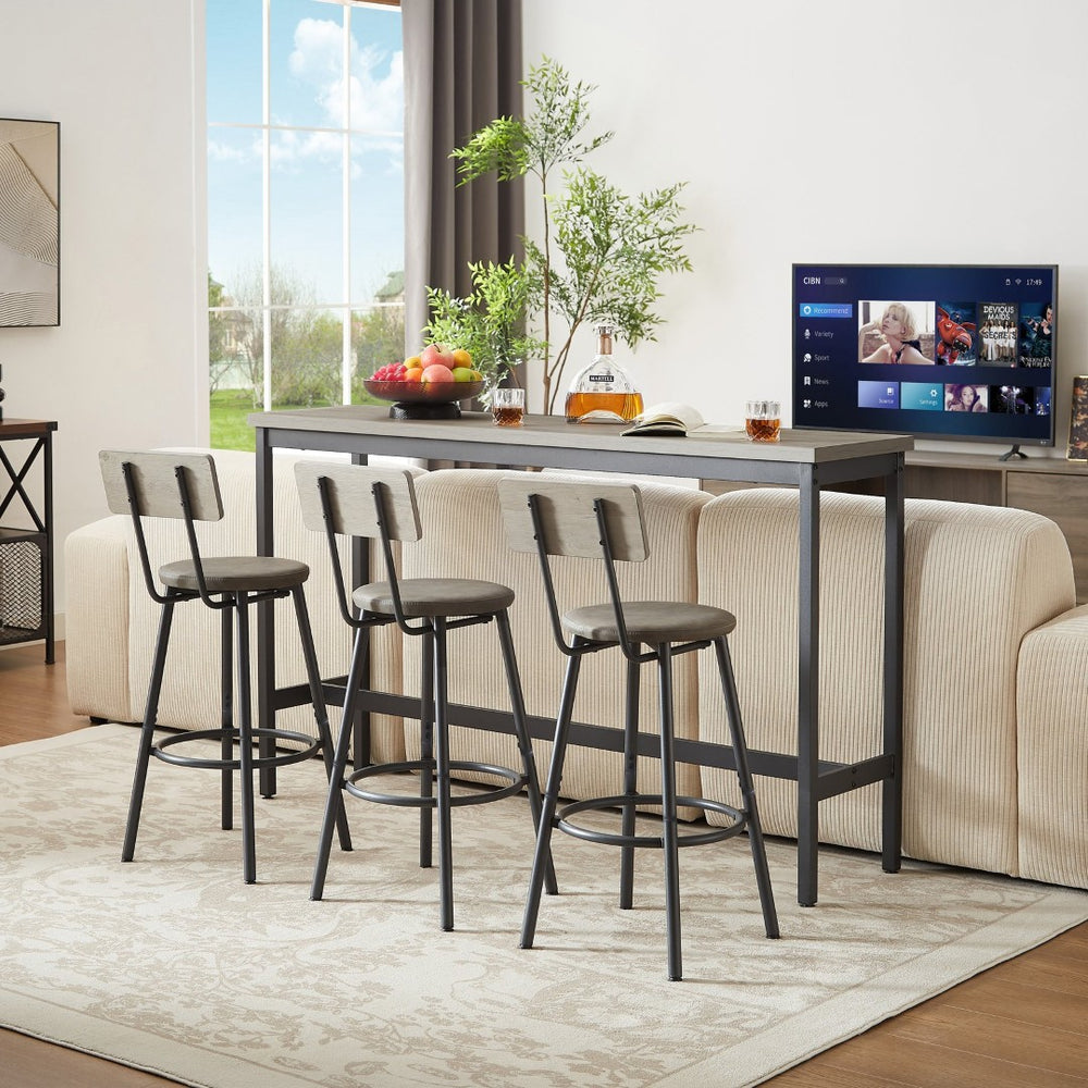 English Elm Long Narrow Industrial Bar Table Set with Three Pu Stools Rustic Gray Steel Frame W1668P147058