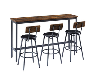 English Elm Long Narrow Industrial Bar Table Set with Three Pu Stools Rustic Gray Steel Frame W1668P147059
