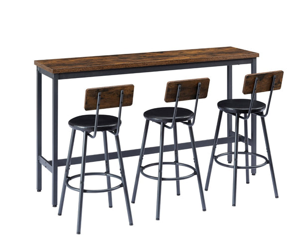 English Elm Long Narrow Industrial Bar Table Set with Three Pu Stools Rustic Gray Steel Frame W1668P147059