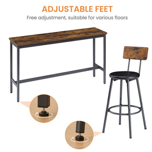 English Elm Long Narrow Industrial Bar Table Set with Three Pu Stools Rustic Gray Steel Frame W1668P147059