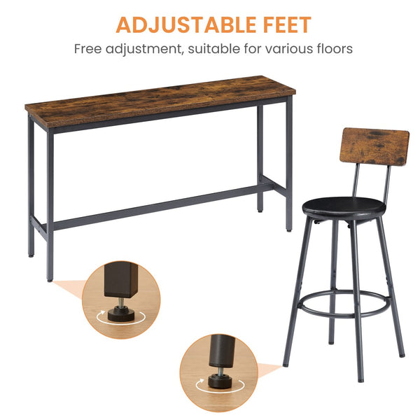 English Elm Long Narrow Industrial Bar Table Set with Three Pu Stools Rustic Gray Steel Frame W1668P147059