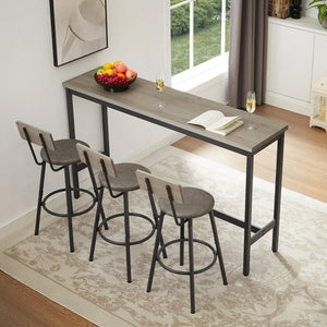 English Elm Long Narrow Industrial Bar Table Set with Three Pu Stools Rustic Gray Steel Frame W1668P147058