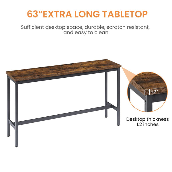 English Elm Long Narrow Industrial Bar Table Set with Three Pu Stools Rustic Gray Steel Frame W1668P147059