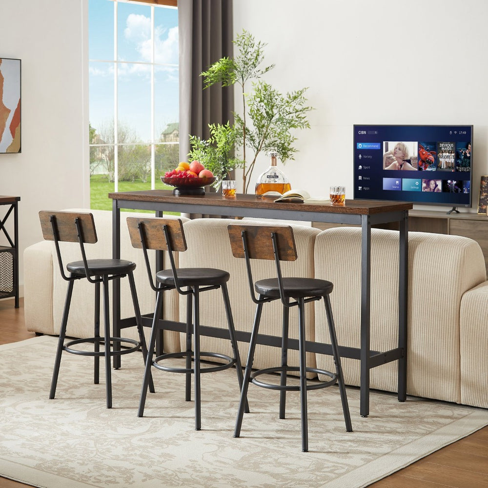 English Elm Long Narrow Industrial Bar Table Set with Three Pu Stools Rustic Gray Steel Frame W1668P147059