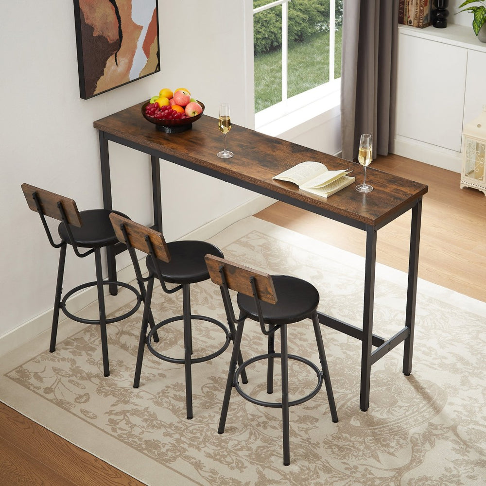 English Elm Long Narrow Industrial Bar Table Set with Three Pu Stools Rustic Gray Steel Frame W1668P147059