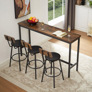 English Elm Long Narrow Industrial Bar Table Set with Three Pu Stools Rustic Gray Steel Frame W1668P147059