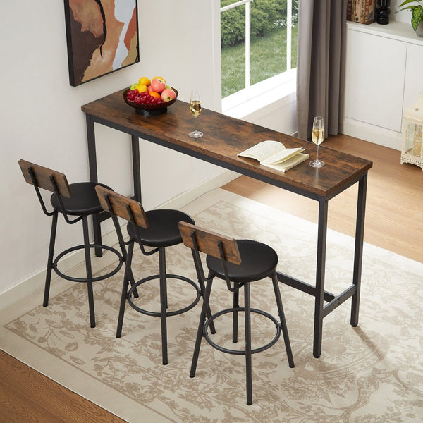 English Elm Long Narrow Industrial Bar Table Set with Three Pu Stools Rustic Gray Steel Frame W1668P147059