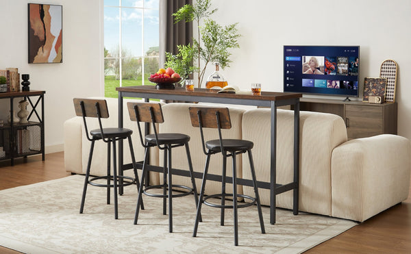 English Elm Long Narrow Industrial Bar Table Set with Three Pu Stools Rustic Gray Steel Frame W1668P147059