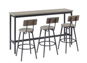 English Elm Long Narrow Industrial Bar Table Set with Three Pu Stools Rustic Gray Steel Frame W1668P147058
