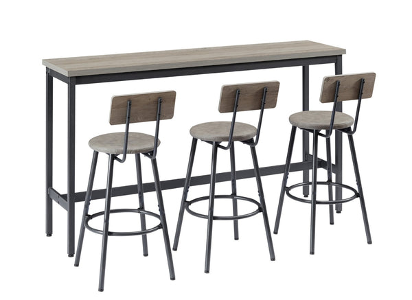 English Elm Long Narrow Industrial Bar Table Set with Three Pu Stools Rustic Gray Steel Frame W1668P147058