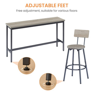 English Elm Long Narrow Industrial Bar Table Set with Three Pu Stools Rustic Gray Steel Frame W1668P147058