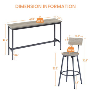 English Elm Long Narrow Industrial Bar Table Set with Three Pu Stools Rustic Gray Steel Frame W1668P147058
