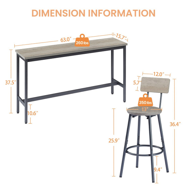 English Elm Long Narrow Industrial Bar Table Set with Three Pu Stools Rustic Gray Steel Frame W1668P147058