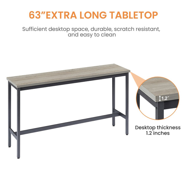 English Elm Long Narrow Industrial Bar Table Set with Three Pu Stools Rustic Gray Steel Frame W1668P147058