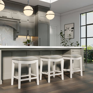 English Elm 26in. Whitewash Hardwood Backless Barstool Gray Upholstered Saddle Seat Nailhead B2751P436485