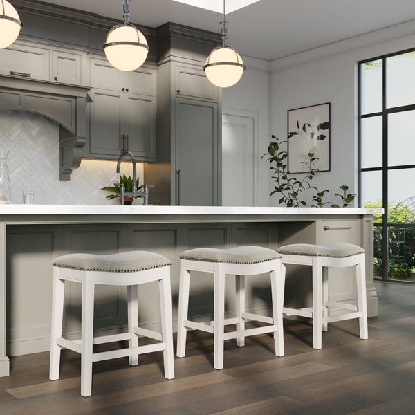 English Elm 26in. Whitewash Hardwood Backless Barstool Gray Upholstered Saddle Seat Nailhead B2751P436485