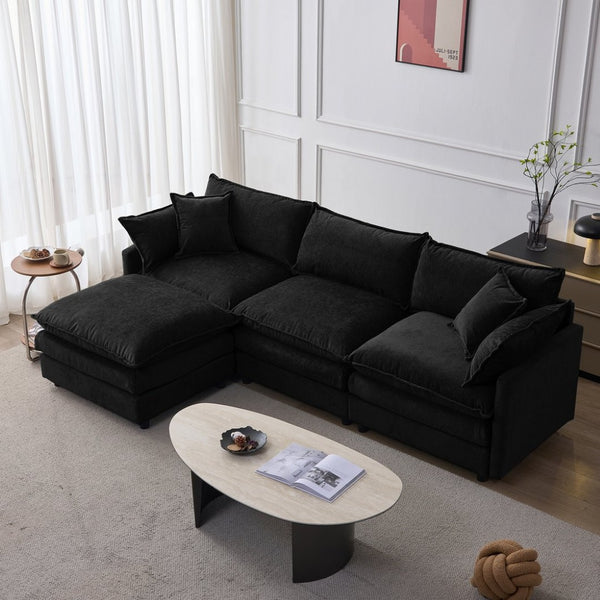 English Elm 105" L-shaped Chenille Sectional with Ottoman Pocket Spring Living Room Sofa Black W1097S00229