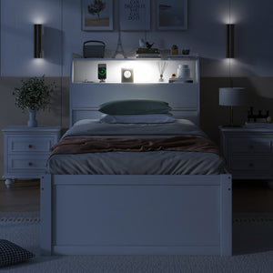 English Elm Twin LED Platform Bed with Trundle and Under-Storage Drawers, Flip-Up Headboard, USB Ports White N820S10008K