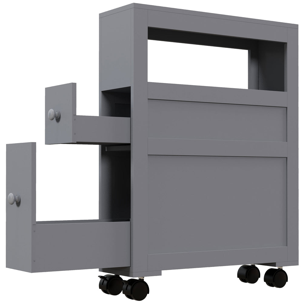 English Elm HOMCOM Slim Rolling Bathroom Storage Cabinet 6.25" W x 28.25" H Gray MDF, 2 Drawers & Shelf, Locking Wheels, 45 lb Capacity W2225P200615