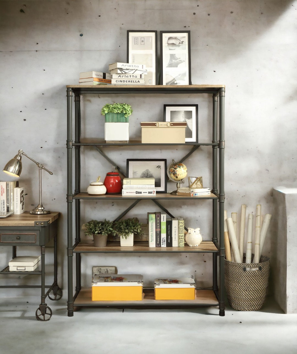 English Elm Itzel Industrial Steel Frame Bookshelf with Warm Oak Veneer Shelves for Home Office B2726P256219