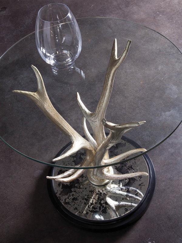 Lexington Artistica Home Teton Spot Table - Unique Silver Leaf Faux Antler Design With Antique Mirror And Glass Top Accent Silver Leaf Wood 2028-952c