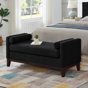 English Elm Large Boucle Upholstered Window Bench with Armrests and Throw Pillows for Entryway Black W2186P454318