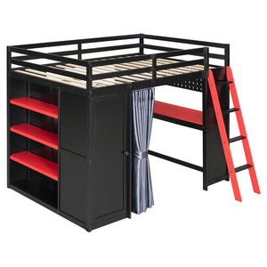 English Elm Full Size Wood Loft Bed with Wardrobe Desk Shelves Rgb Lighting and Blackout Curtains Black+Red LT000269AAJ-1