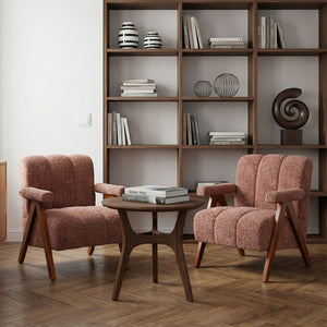 English Elm Mid-century Modern Chenille Lounge Chair Set Oak Frame Cloud Silhouette Living Room Rust Red W1170S00049