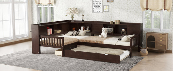 English Elm L-shaped Twin Platform Bed with Trundle, Solid Wood Corner Sleeper with Drawers, Shelves, No Box Spring Needed Espresso W1580S00261