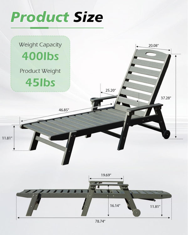 English Elm Patio Hdpe Chaise Lounge Outdoor Reclining Poolside Chair with Built-in Cup Holder Grey W1859P478586
