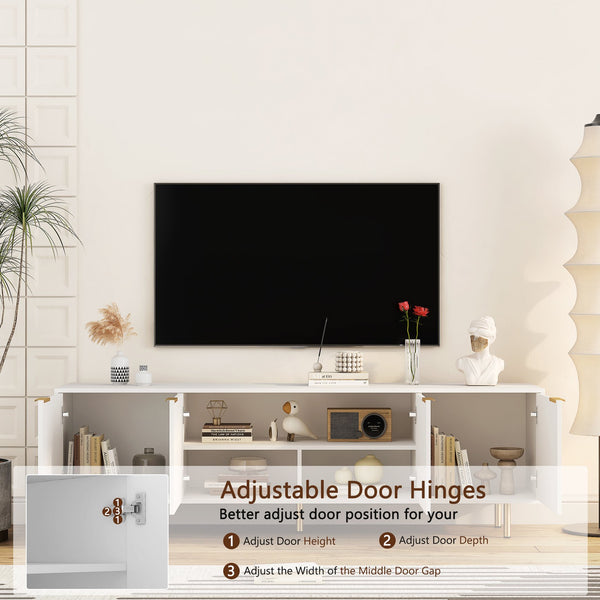 English Elm White Fluted TV Stand 68" Modern White Media Console with 4 Storage Doors, Gold Legs Accent, Durable MDF Finish W1321P185967