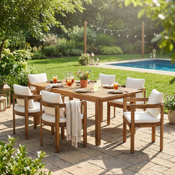 English Elm 7 Piece Solid Acacia Hardwood Extendable Outdoor Dining Set with Cream Cushioned Chairs Teak 60322.00_N762P380633A6
