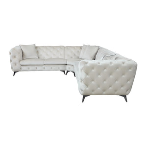 English Elm Atronia Beige Sectional Sofa with 4 Pillows — Button Tufted Fabric, Pocket Coil Seats, Removable Covers B2726S00353