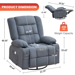 English Elm Kneading Massage Rocker Recliner with 4‑Point 3D Kneading, Heat, USB Port, Cup Holders & Swivel Comfort Blue W1521P390947