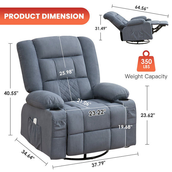 English Elm Kneading Massage Rocker Recliner with 4‑Point 3D Kneading, Heat, USB Port, Cup Holders & Swivel Comfort Blue W1521P390947