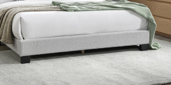 English Elm White Queen Wool Fabric Platform Bed with Scalloped Tufted Headboard, LED Lighting, Fully Upholstered Elegance B011P238976