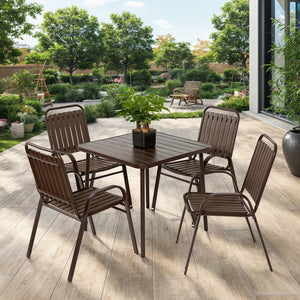 English Elm 5-Piece Wicker Outdoor Dining Set with Square Steel Tabletop, Umbrella Hole, Ergonomic Chairs Brown W640S00047