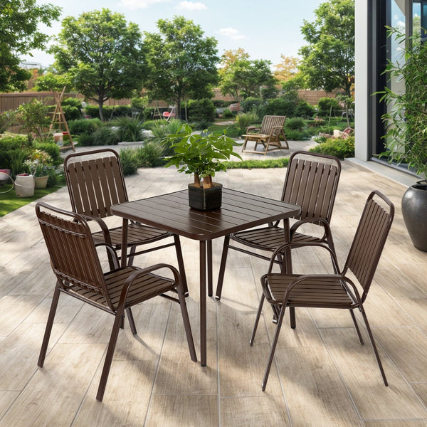 English Elm 5-Piece Wicker Outdoor Dining Set with Square Steel Tabletop, Umbrella Hole, Ergonomic Chairs Brown W640S00047