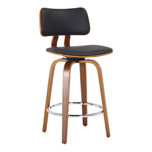 Worldwide Home Furnishings Zuni-26' Stylish Mid-century Modern Counter Stool With Swivel Design And Faux Leather Upholstery Black,Walnut Faux Leather,Bentwood 203-581pubk