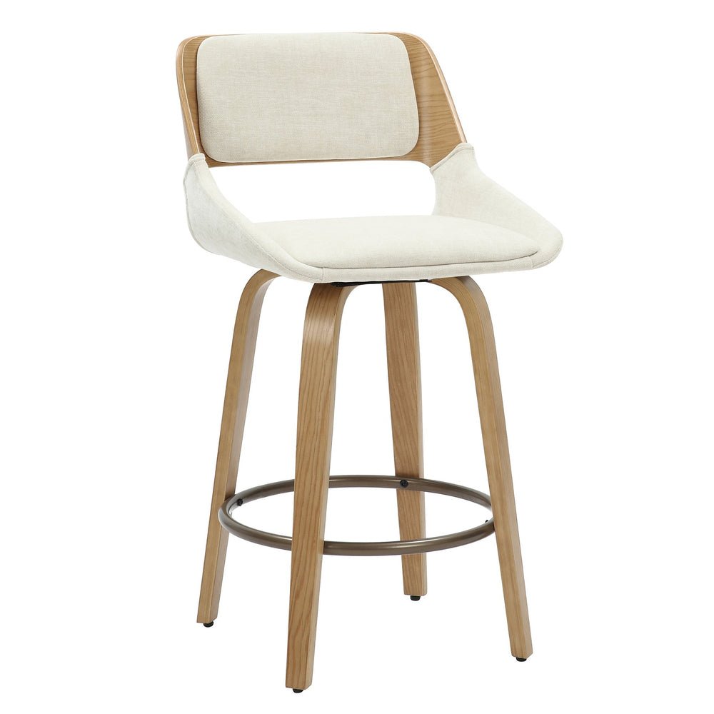 Worldwide Home Furnishings Hudson-26' Mid-century Modern Counter Stool In Beige Fabric With Swivel & Gold Footrest Comfort Beige,Natural Fabric,Bentwood 203-582bg