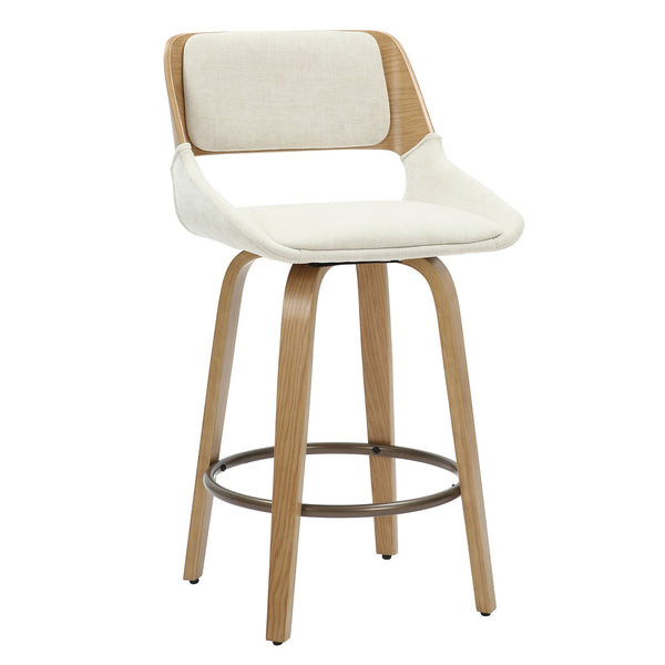 Worldwide Home Furnishings Hudson-26' Mid-century Modern Counter Stool In Beige Fabric With Swivel & Gold Footrest Comfort Beige,Natural Fabric,Bentwood 203-582bg