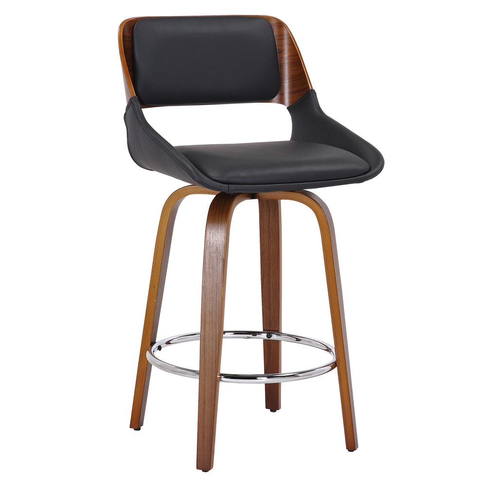 Worldwide Home Furnishings Hudson-26'' Mid-century Modern Counter Stool With Swivel Seat And Elegant Faux Leather Upholstery Black,Walnut Faux Leather,Bentwood 203-582pubk